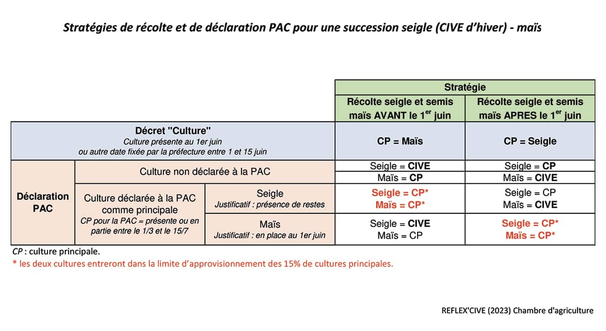 Tableau en 2 colonnes sur la stratégie de succession en seigle (CIVE d’hiver) versus maïs 