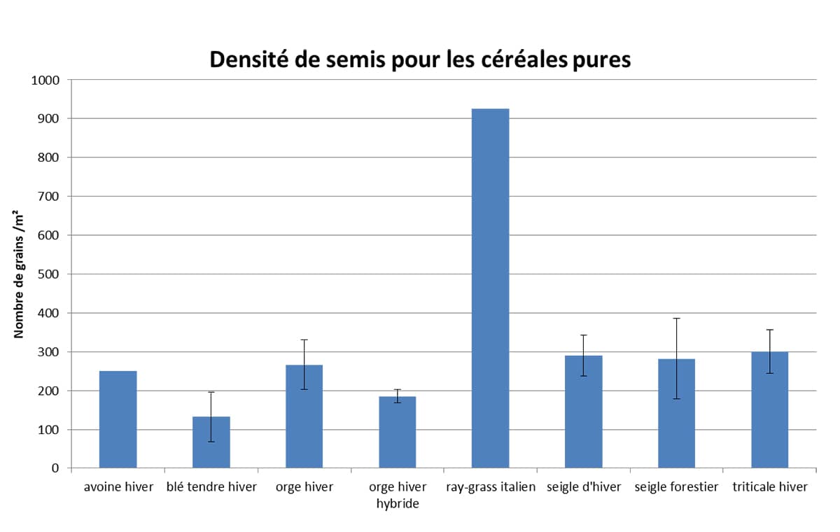 Graphique en barres verticales bleues sur la densité des semis pour les céréales pures